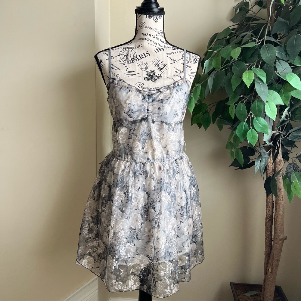 Zara ERF Night Collection Gray Panel Sheer Net Fit & Flare Dress Sz L